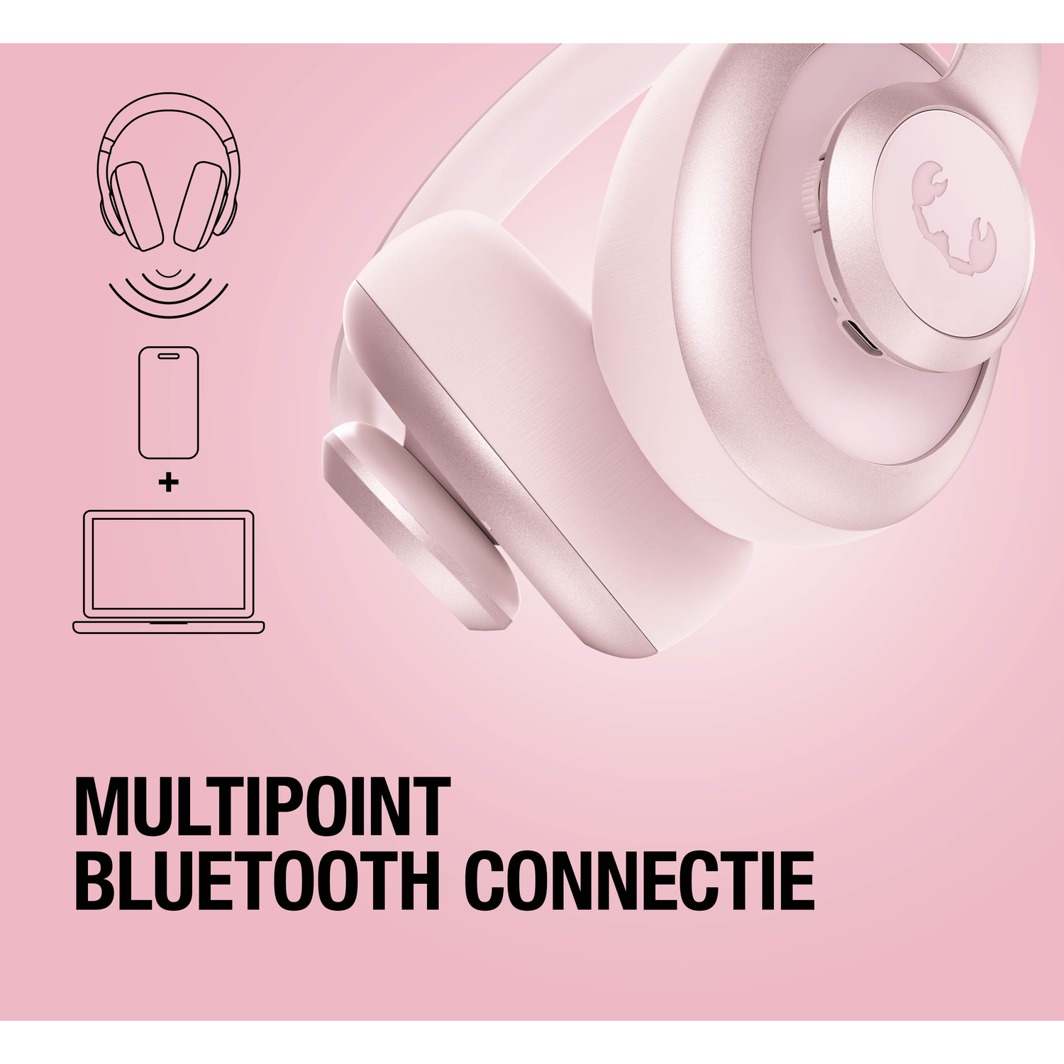 A pink headphone with a stylized scorpion logo is displayed.