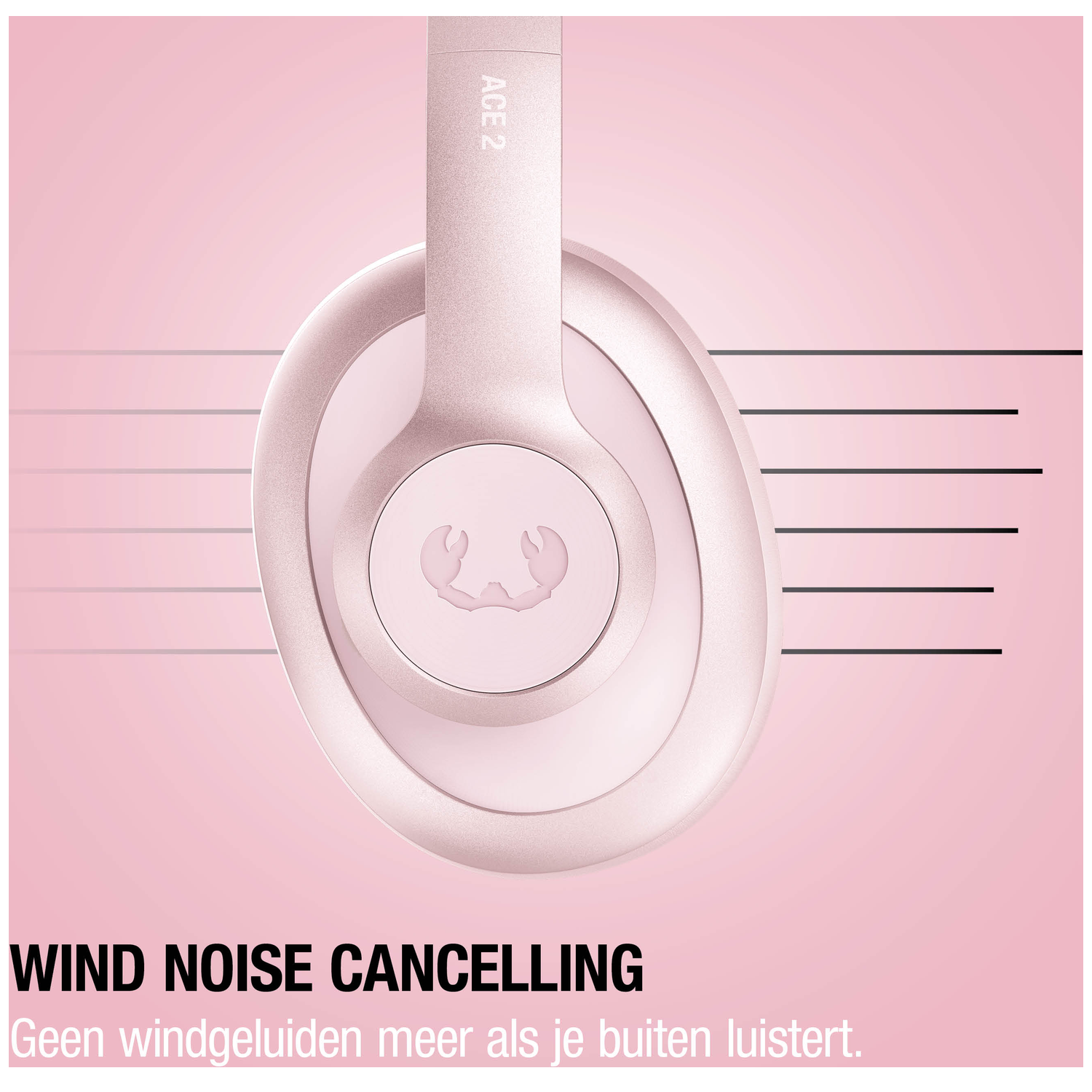 Pink headphones with wind noise cancellation.