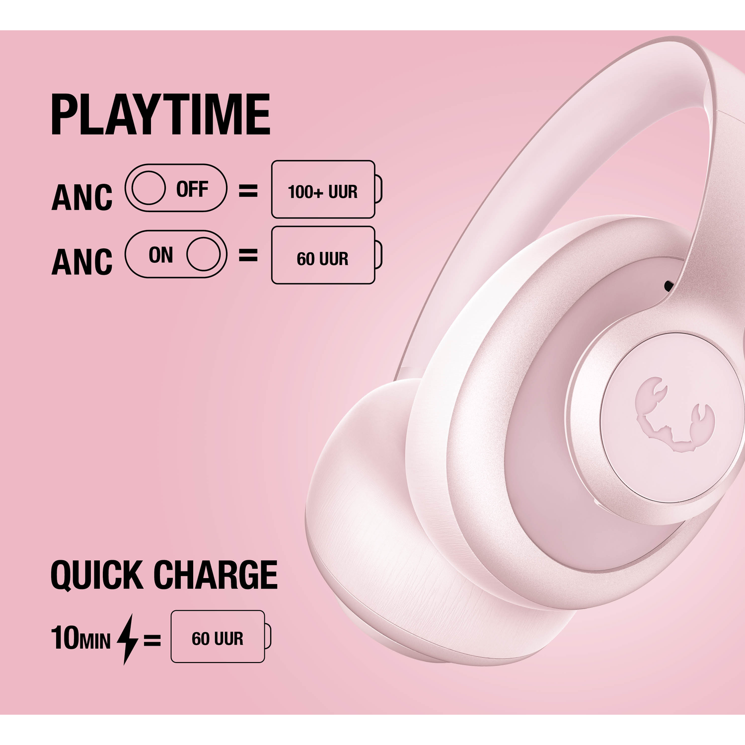 Pink headphones with playtime and quick charge information.