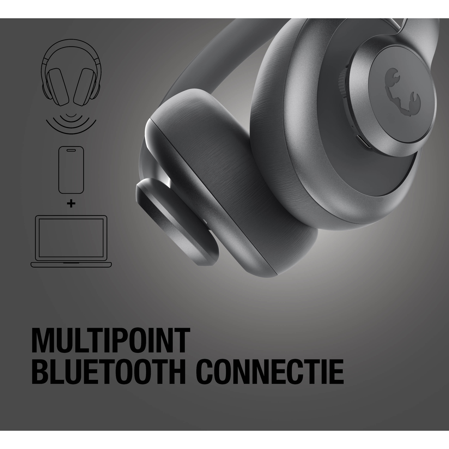 Close-up of black headphones with multipoint Bluetooth connection icons.