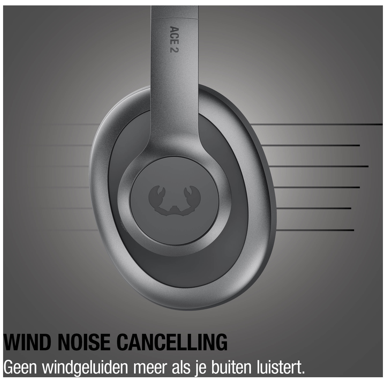 Gray headphones with "ACE 2" text and wind noise cancelling.