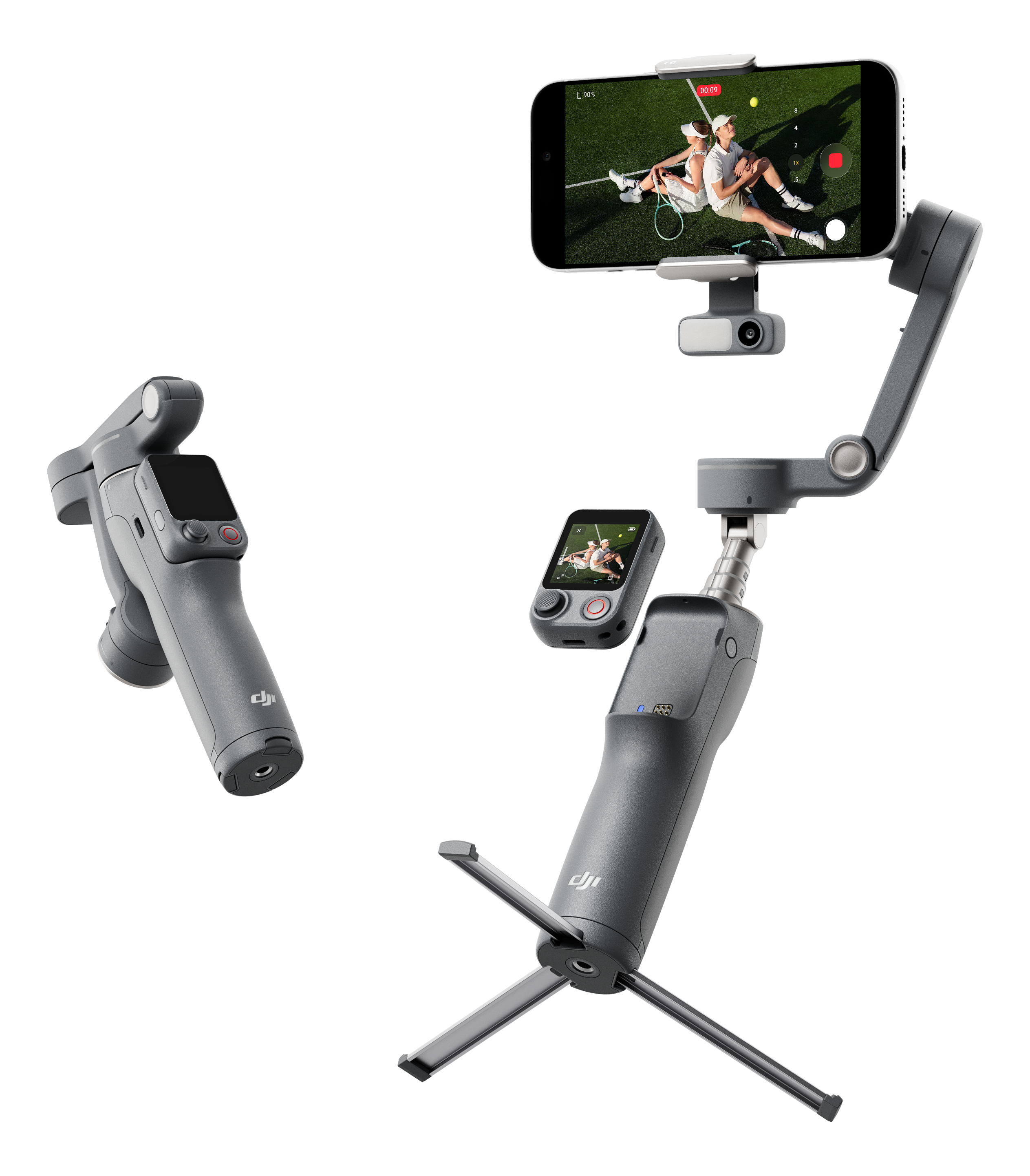Unità gimbal grigia con supporto per smartphone, mostra due persone che giocano a tennis.