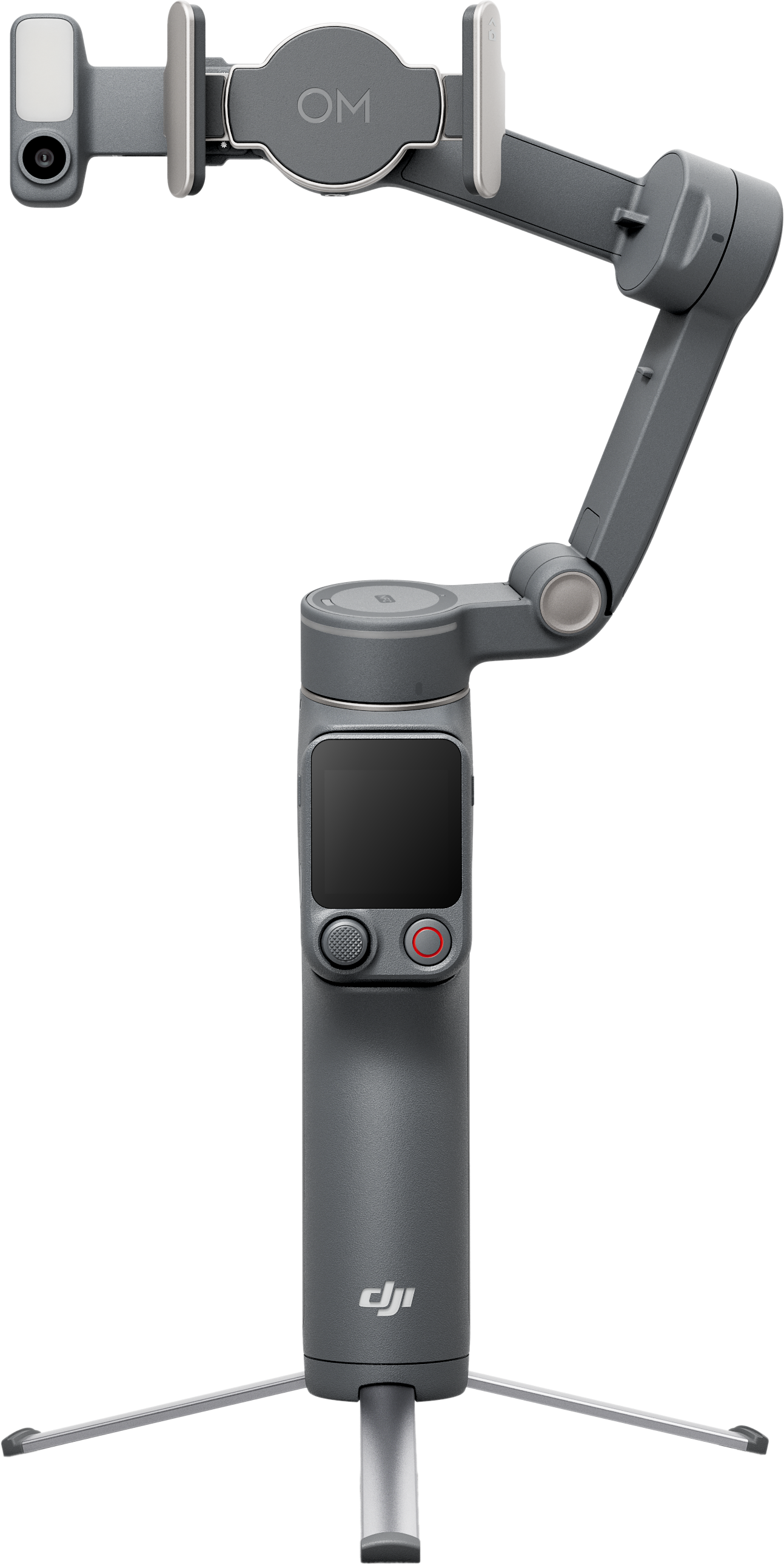 Gimbal DJI grigio con treppiede e supporto per telefono, schermo nero.