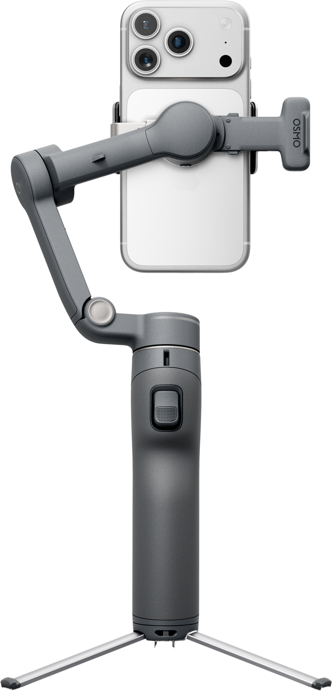 Un gimbal grigio tiene uno smartphone bianco con tre fotocamere.