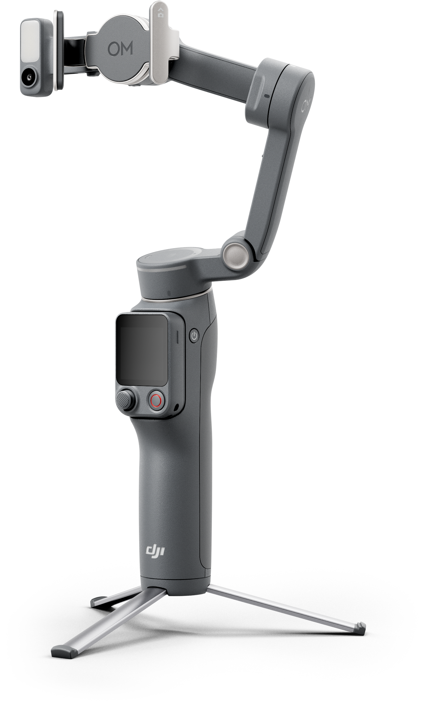 Gimbal grigio con treppiede pieghevole e supporto per fotocamera su sfondo nero.