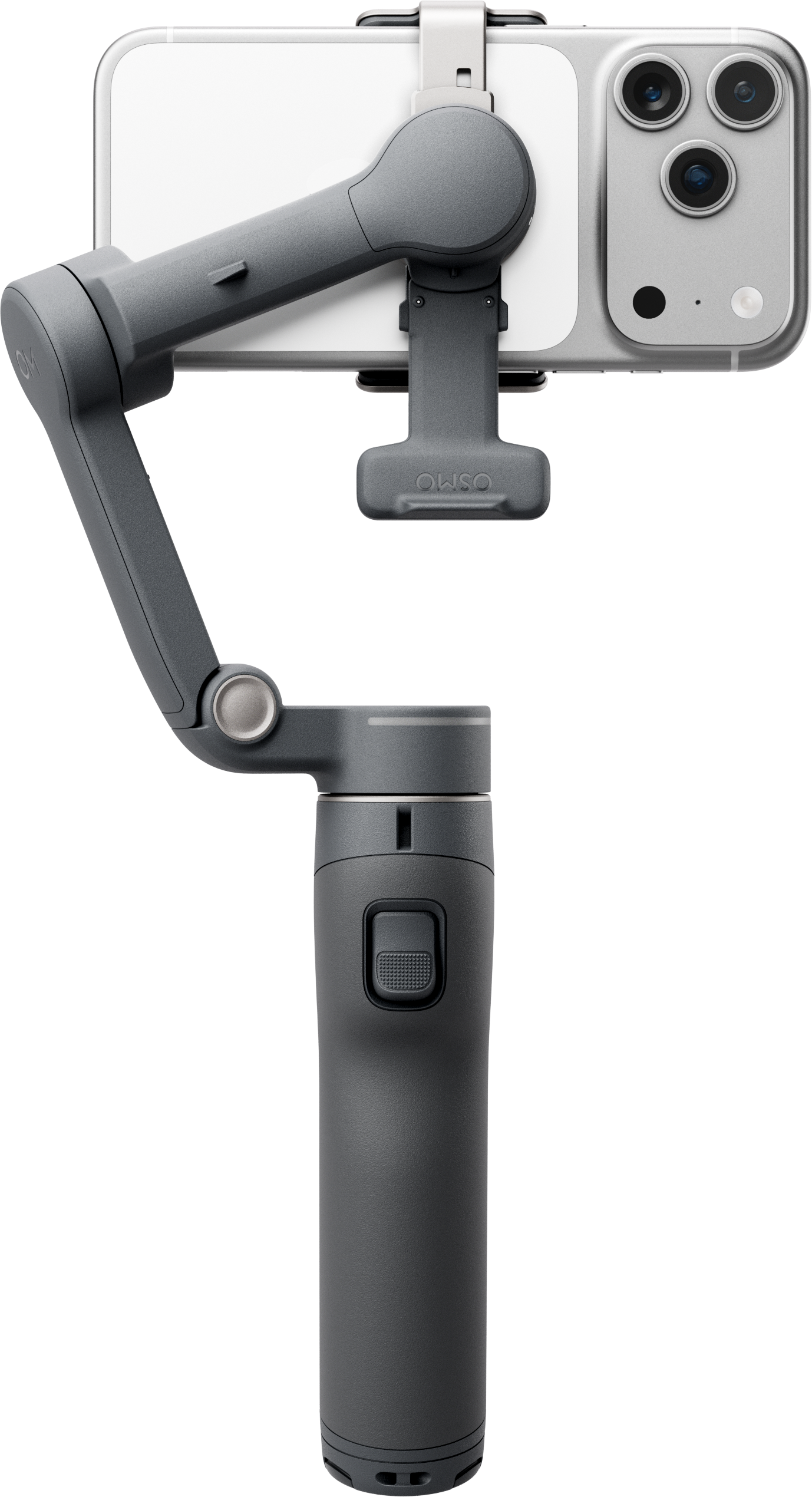 Gimbal grigio per smartphone con telefono attaccato, su sfondo nero.