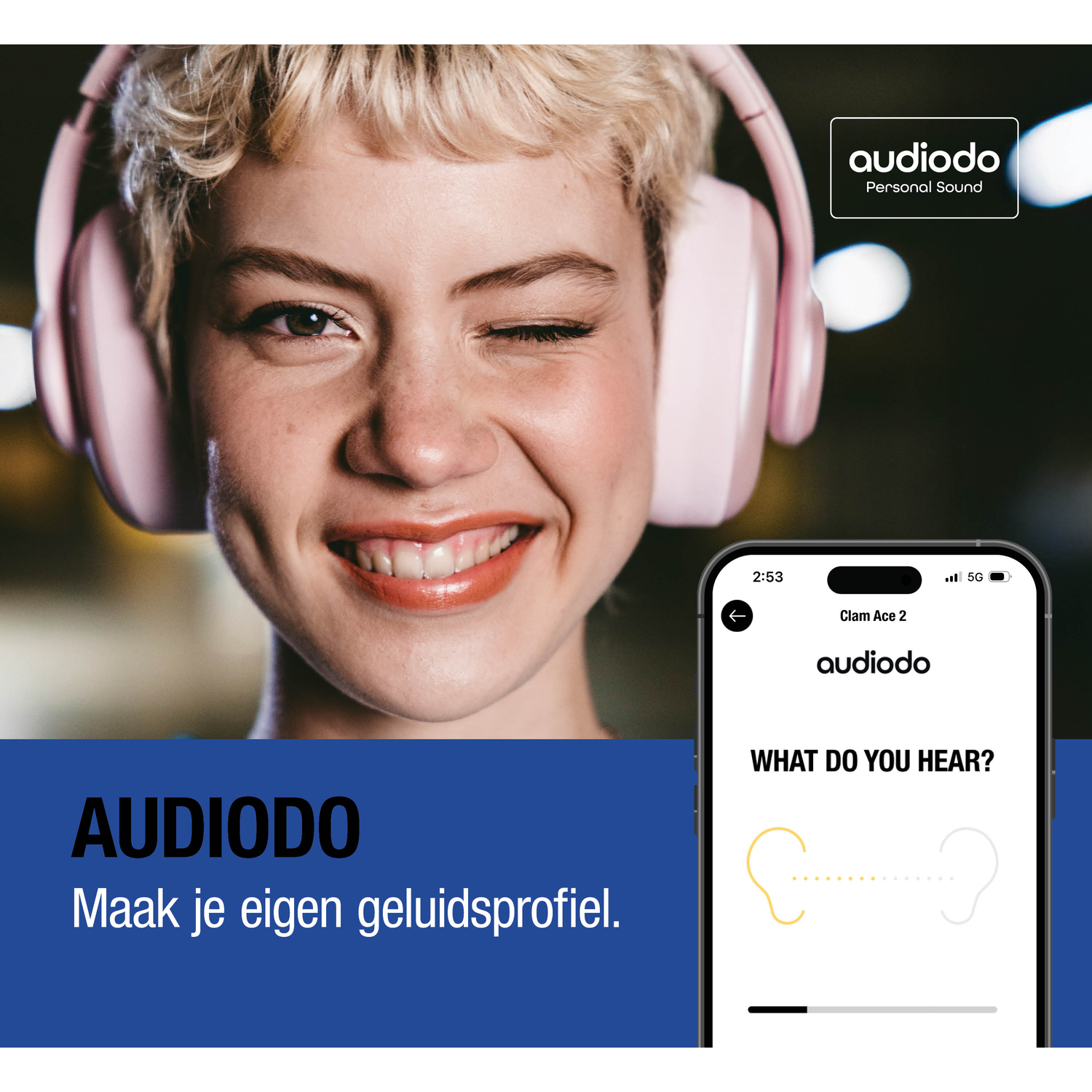 A woman wearing headphones winks, a smartphone shows a hearing app.