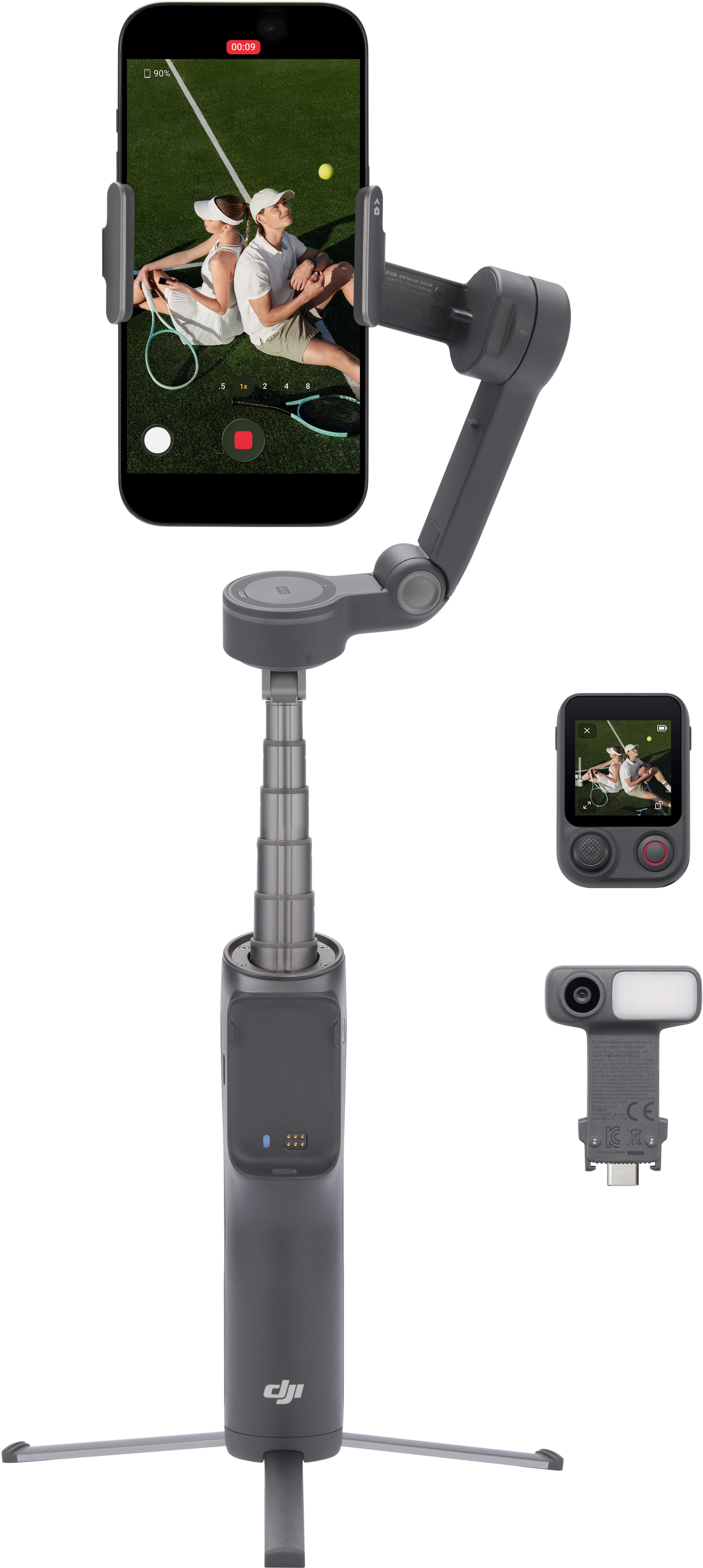 Un gimbal per telefono con telefono, fotocamera piccola e attacco luce.