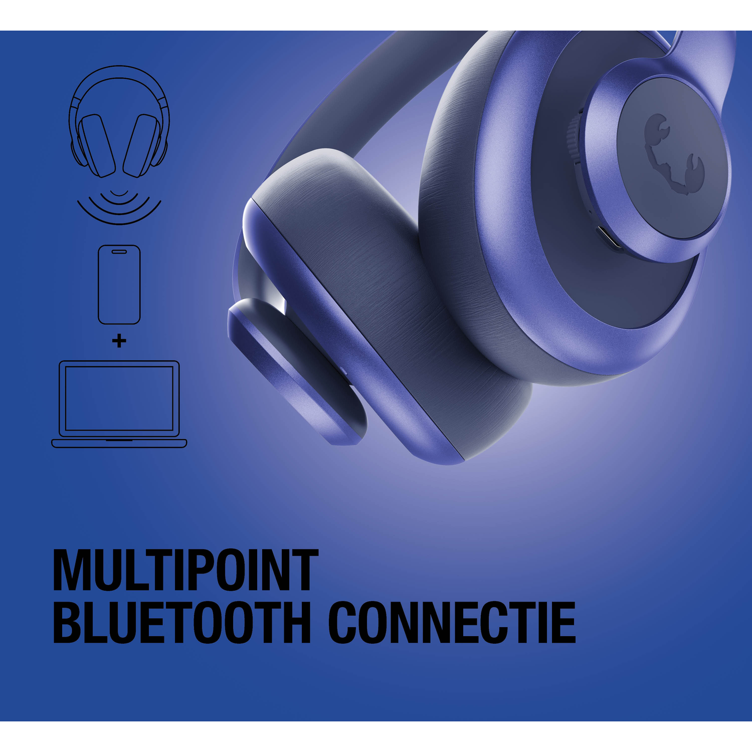 Purple headphones with icons for smartphone and laptop. Text: Multipoint Bluetooth.