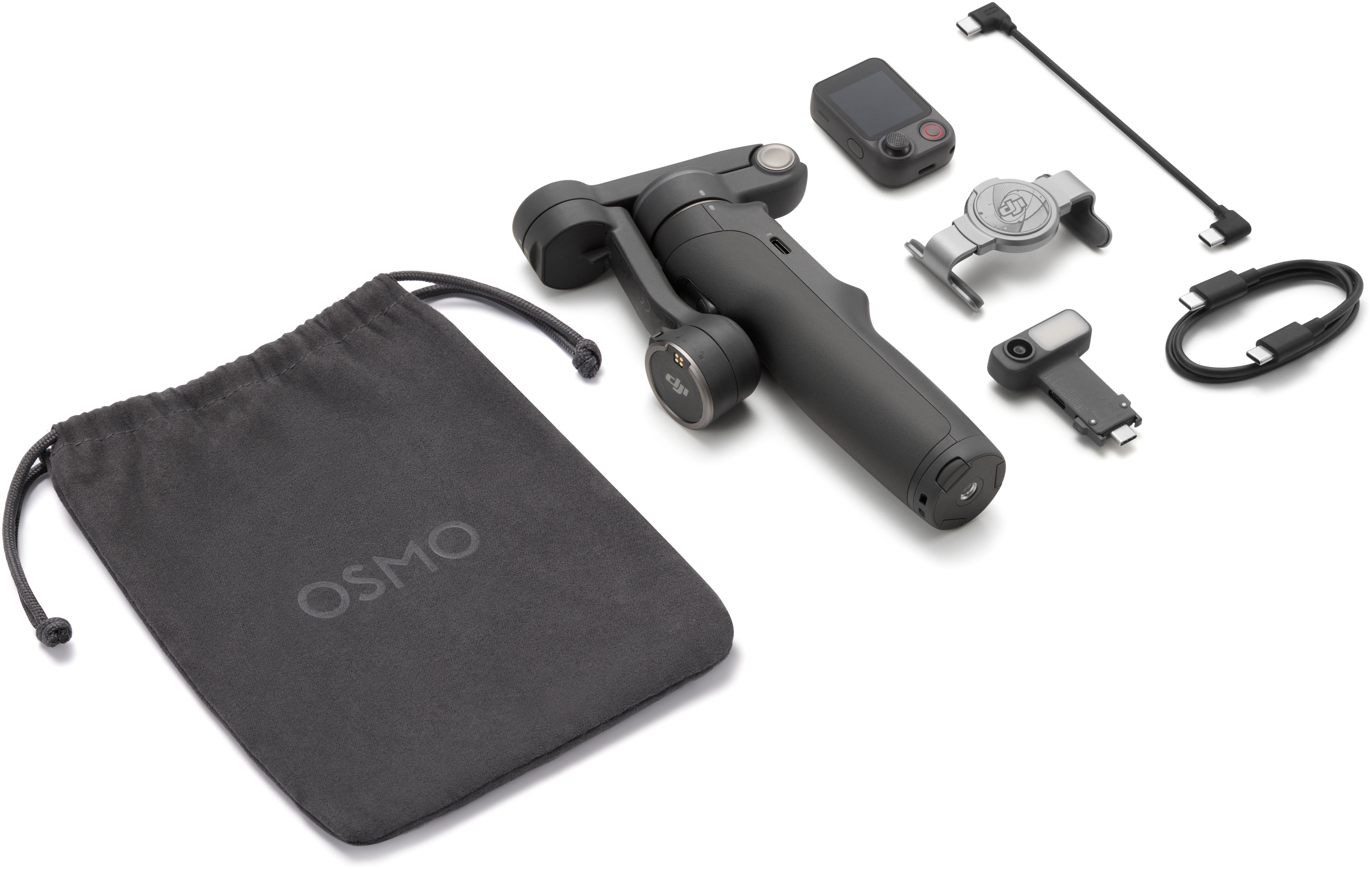 Un gimbal DJI Osmo con accessori e una custodia su sfondo bianco.