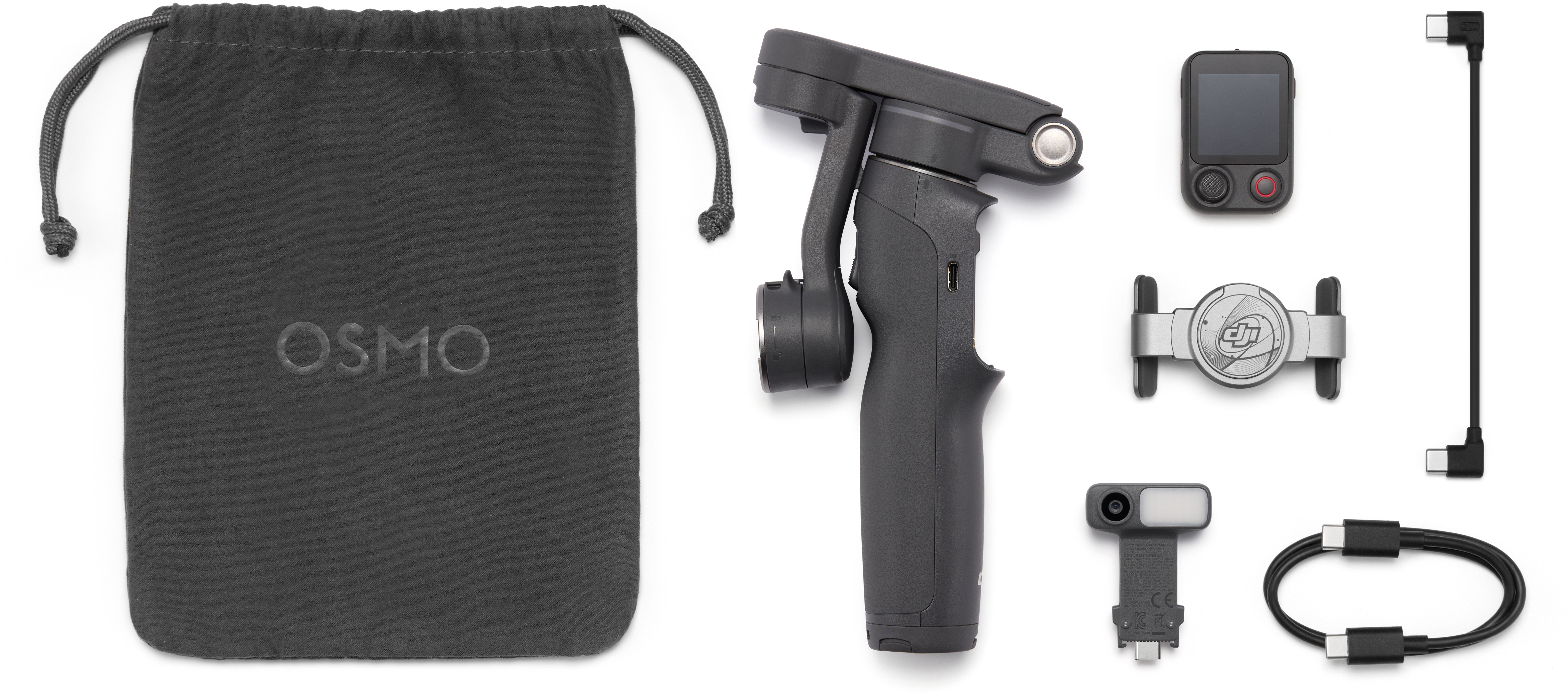 Borsa grigia scura OSMO, gimbal, schermo, supporto, attacco luce e cavo.