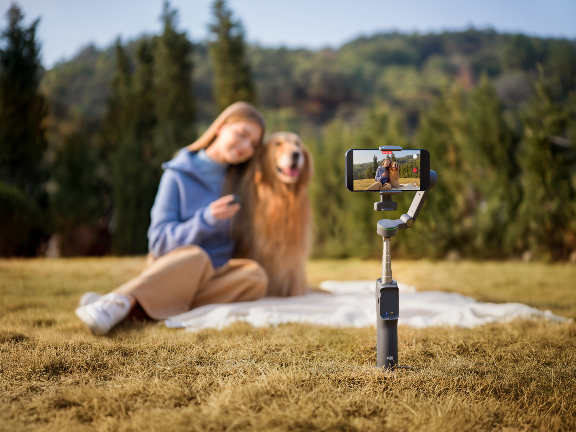 Donna e cane su coperta sull'erba, gimbal del telefono in primo piano.