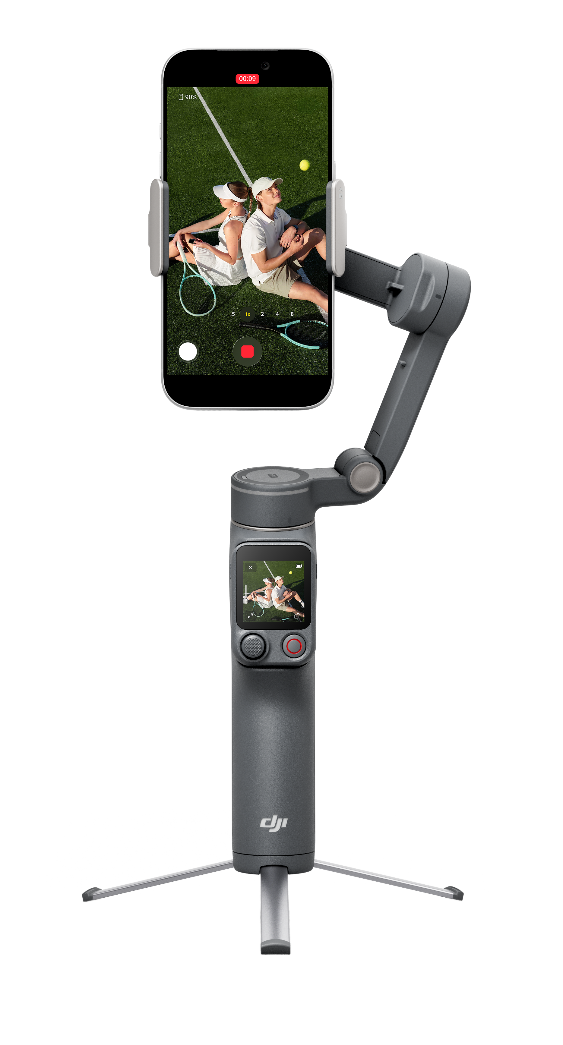 Gimbal grigio con telefono che mostra due tennisti in campo.