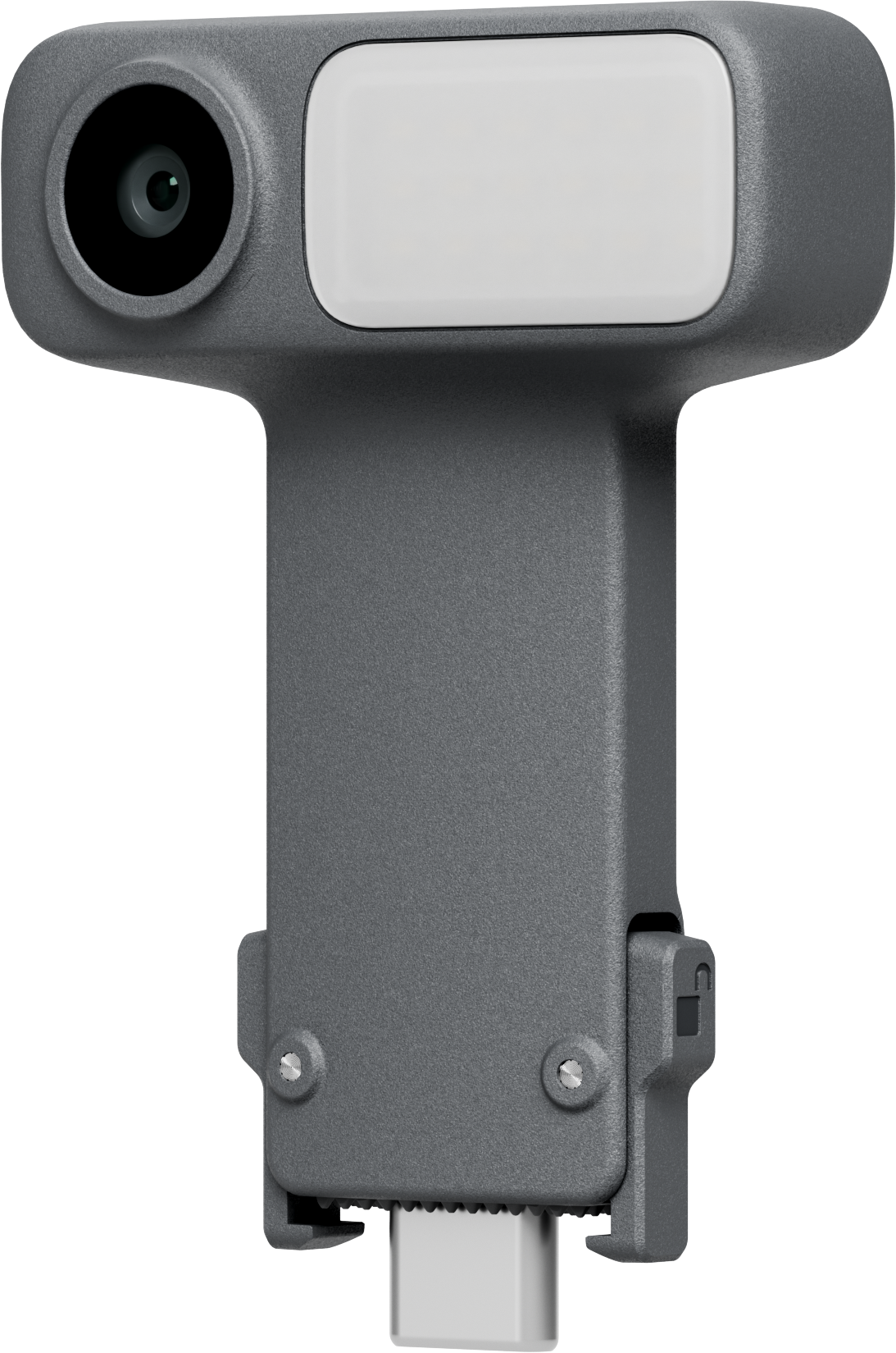 Graues Gerät mit Kamera, Licht und USB-C-Anschluss.