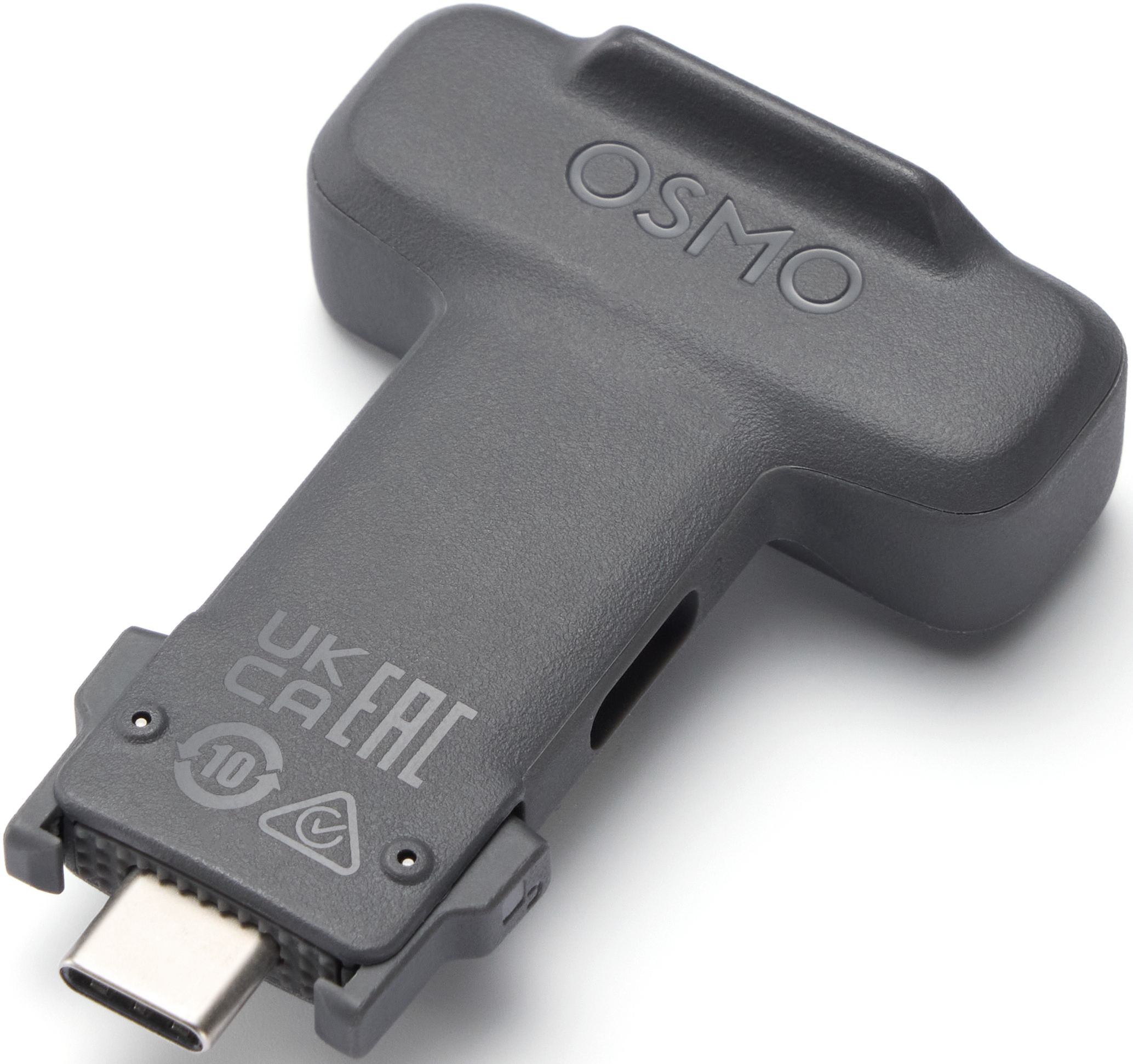 Graues Osmo-Gerät mit USB-C-Anschluss und CE/UKCA-Zeichen.