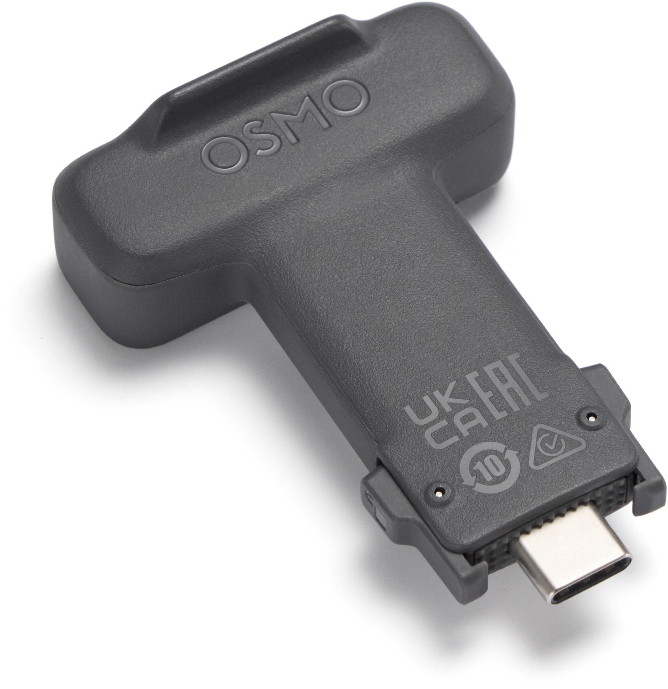 Grauer OSMO-Adapter mit USB-C-Anschluss auf weißem Hintergrund.