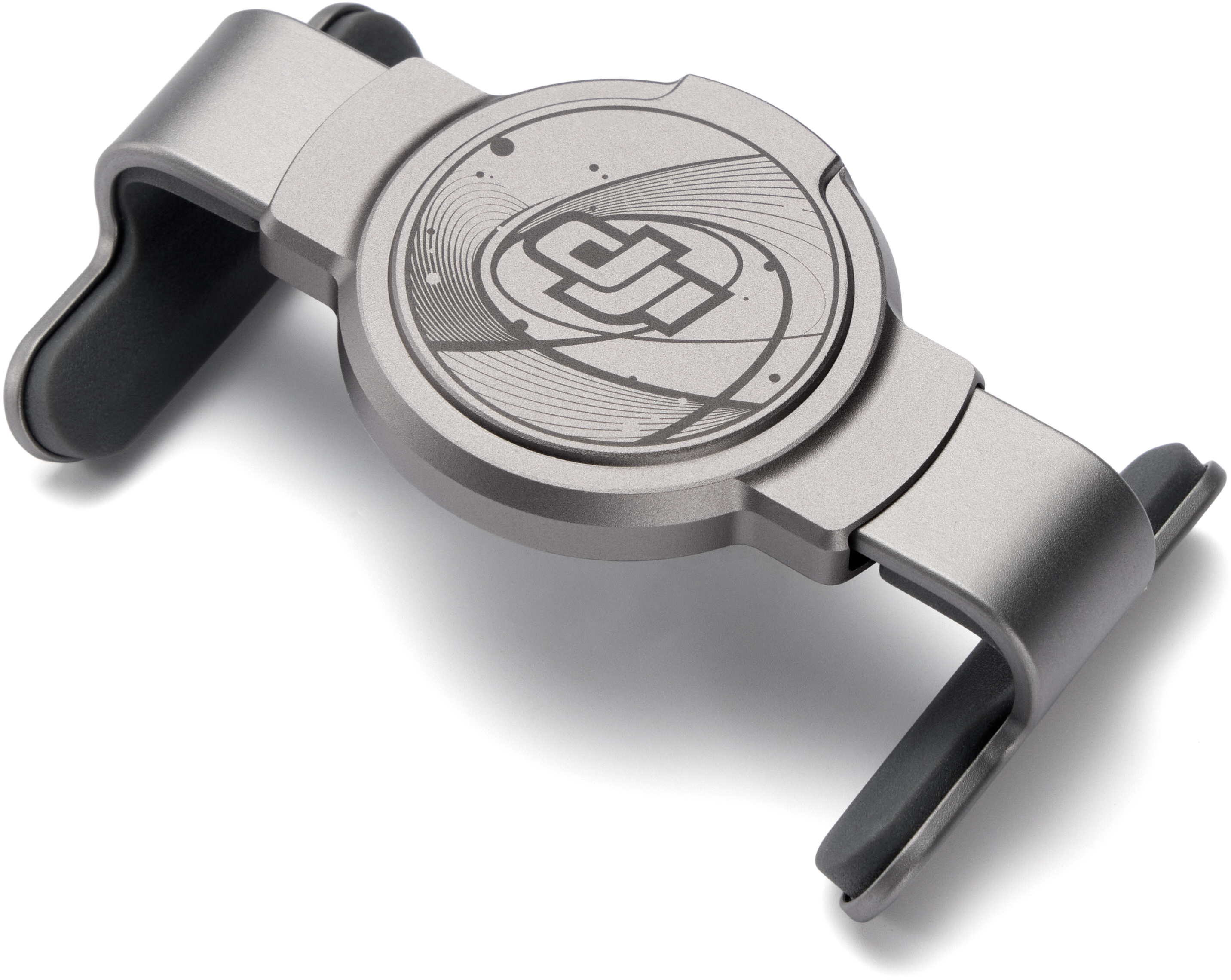 Grauer Handyhalter mit schwarzem Griff und Gravur auf weißem Hintergrund.