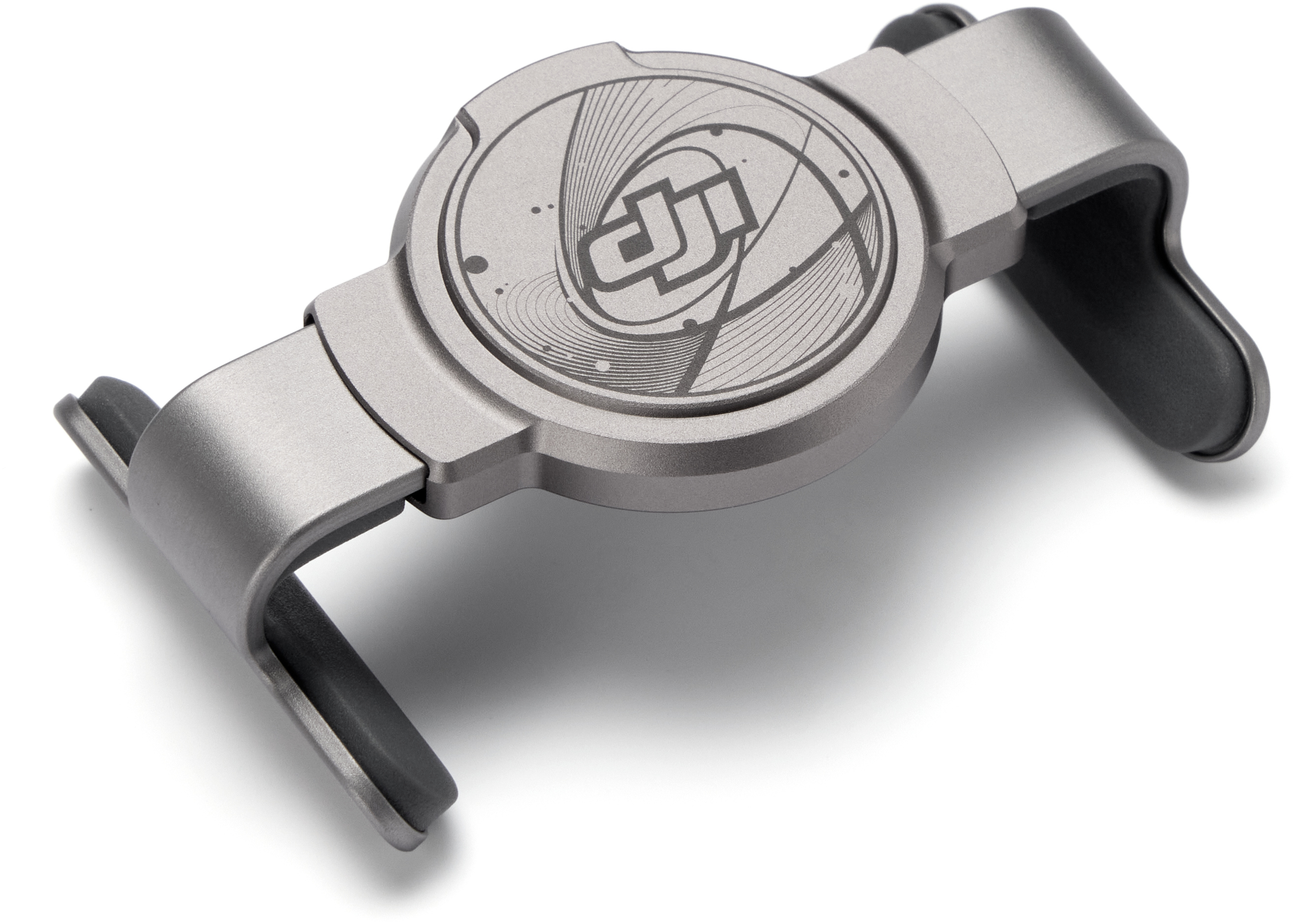 Grauer DJI Handyhalter mit schwarzem Griff, auf weißem Hintergrund.