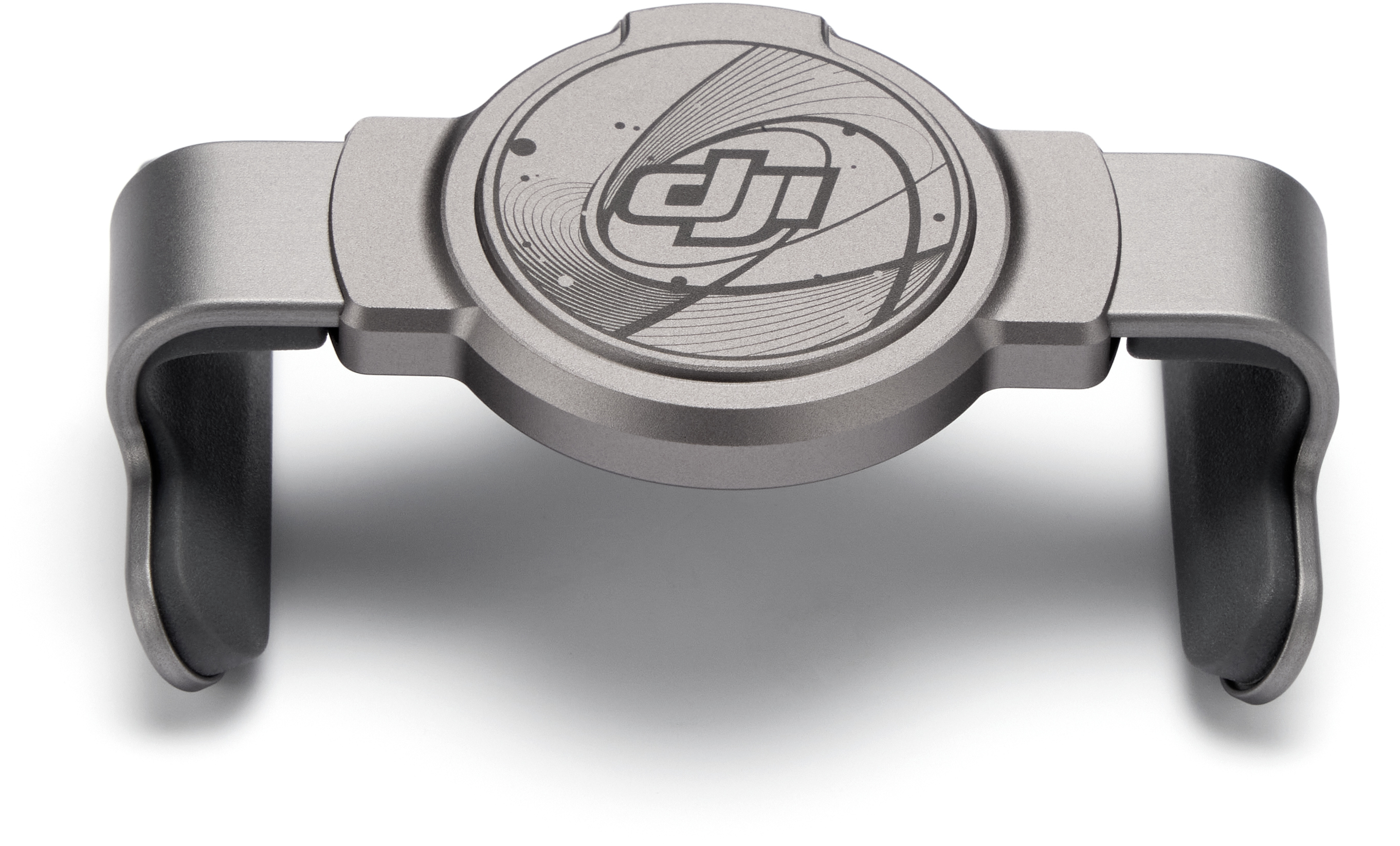Grauer DJI Gimbal-Schutz mit Logo und Linienverzierung.