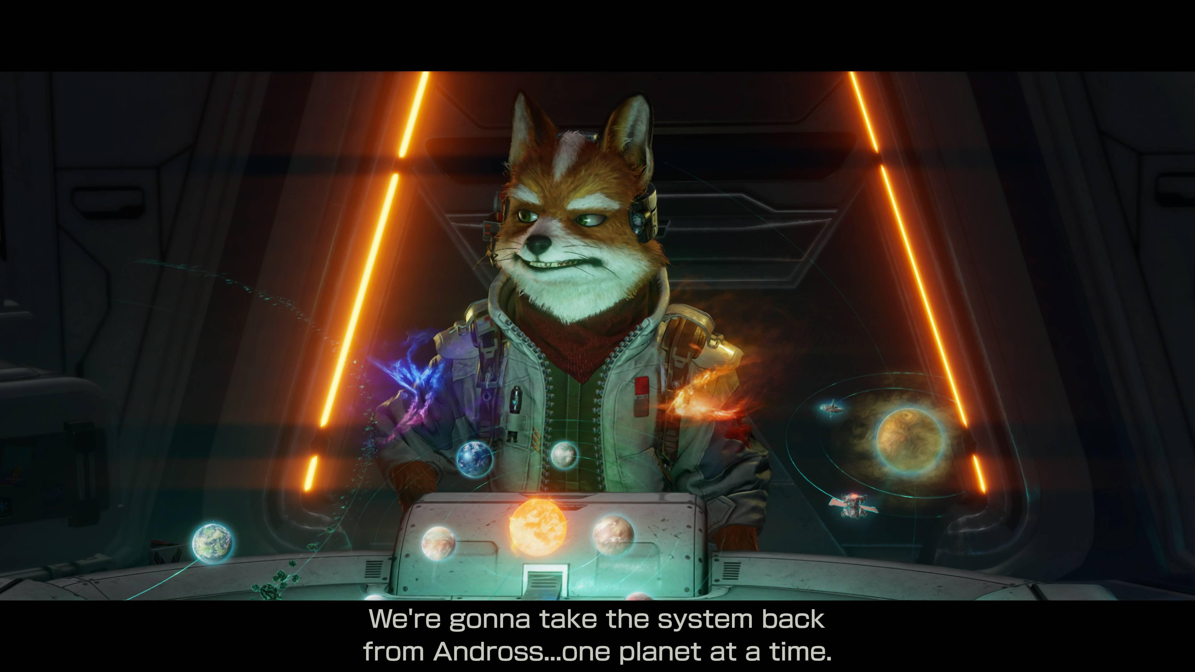 Ein anthropomorpher Fuchs in einem Raumschiff-Cockpit mit Planetenanzeige.