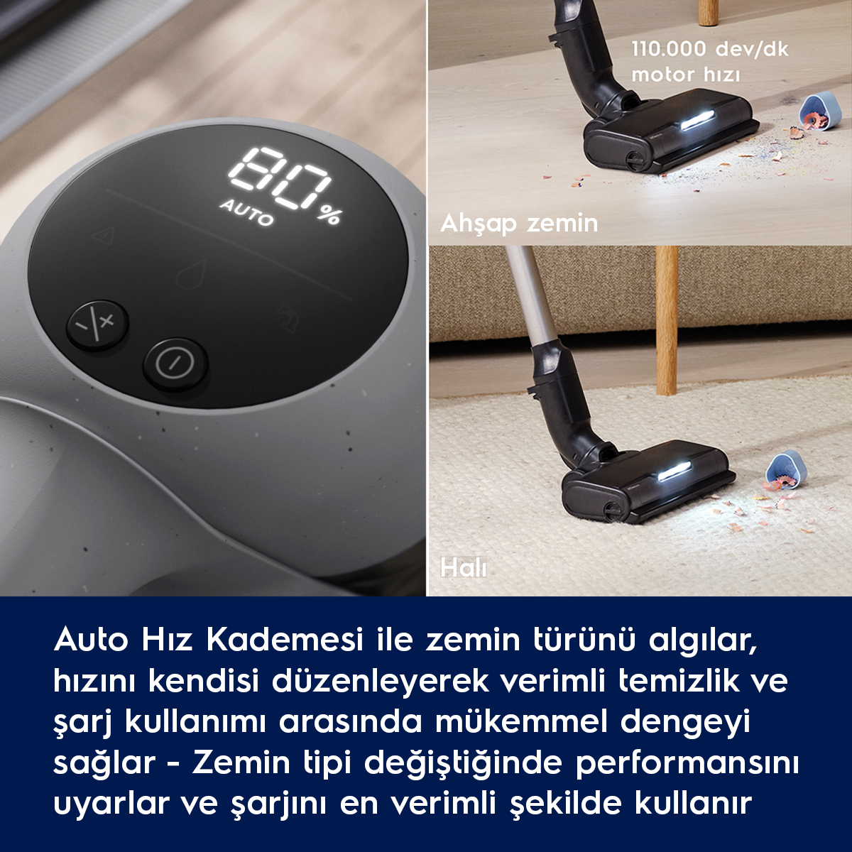 Süpürge başlığı ahşap ve halıda, ekran %80 pil gösteriyor