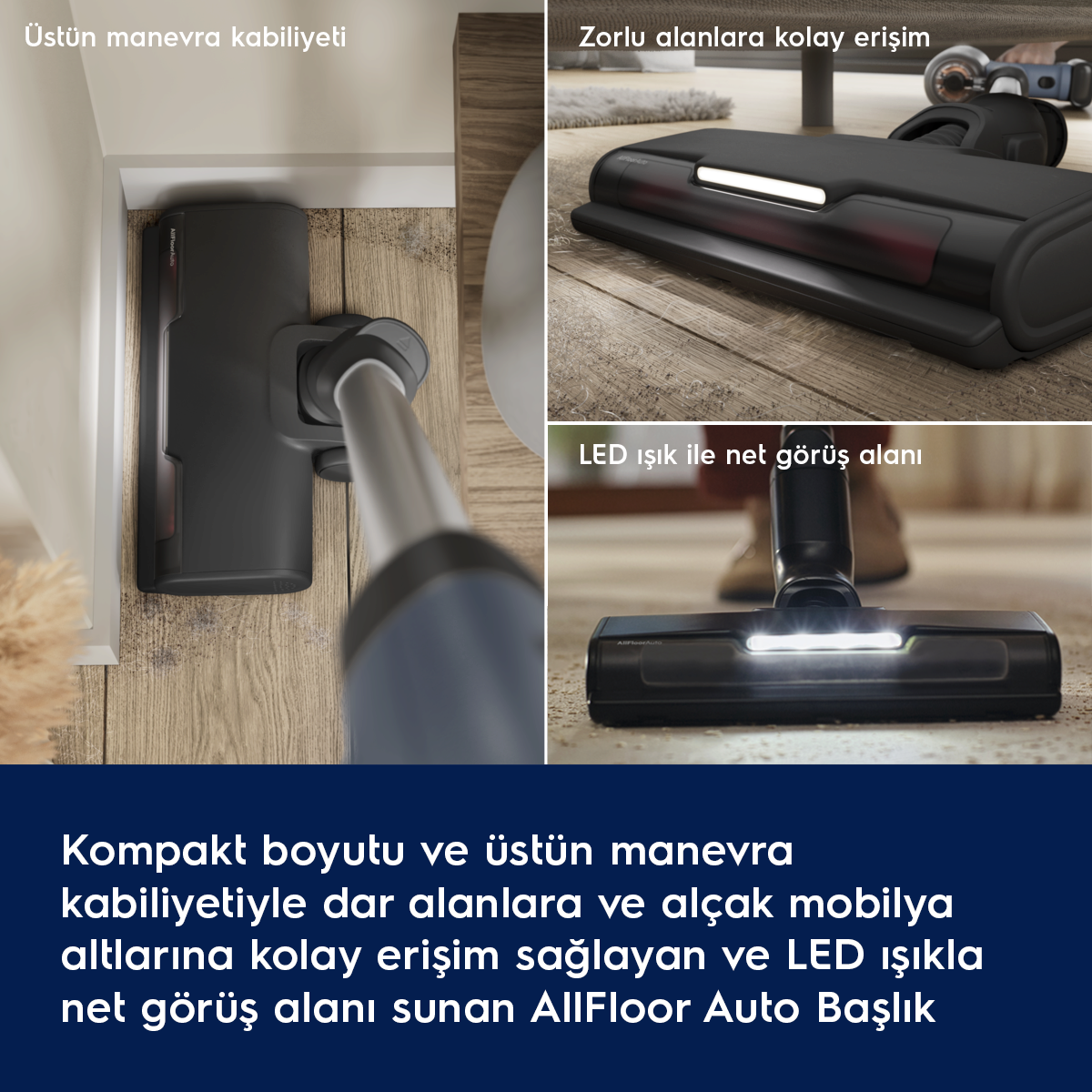 LED ışıklı elektrikli süpürge başlığı, manevra kabiliyetini ve dar alanlara erişimi gösteriyor.