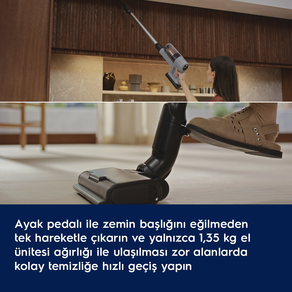 Bir kişi elektrikli süpürge kullanıyor, yer başlığı ve el ünitesi kullanımını gösteriyor.