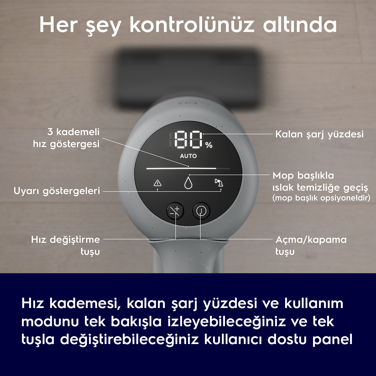 Gri renkli el süpürgesi, %80 pil seviyesini gösteren dijital ekrana sahip.