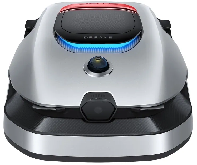 Silberner Mähroboter mit schwarzen und Carbonfaser-Akzenten. Blaue Lichter und roter Stoppknopf.