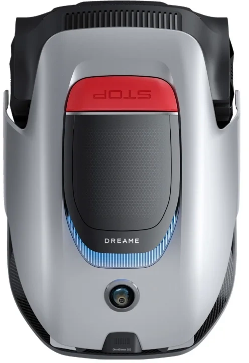 Ein silberner Roboterstaubsauger mit rotem Stoppknopf und blauer Beleuchtung.