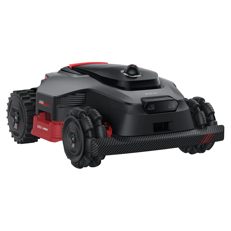 Ein schwarzer und roter Mähroboter mit breiten Rädern und Kameras.