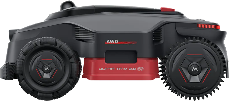 Ein schwarzer Rasenmähroboter mit roten Akzenten und AWD-Aufschrift.