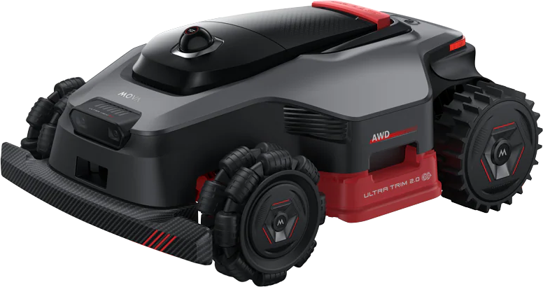 Ein schwarzer und roter Mähroboter mit AWD- und Ultra Trim 2.0-Aufschriften.
