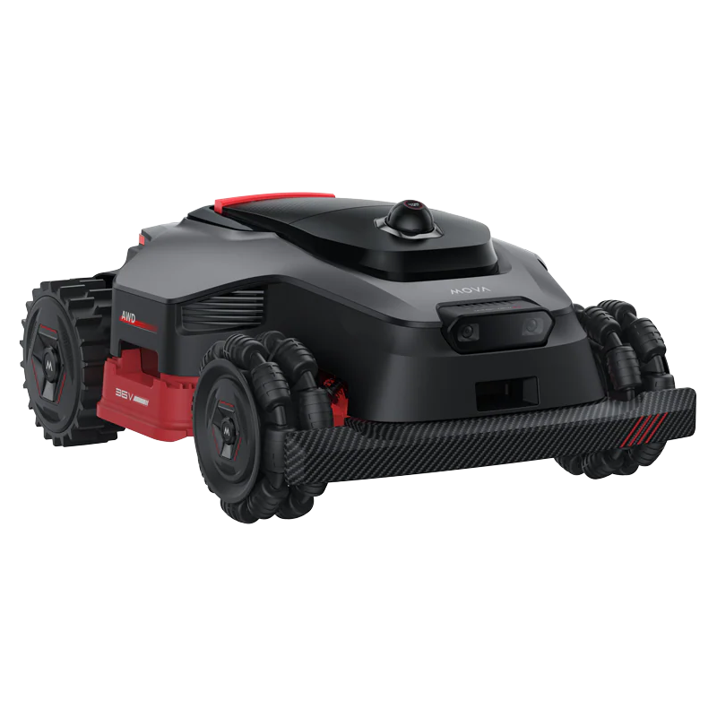 Ein schwarzer und roter Mähroboter mit Allradantrieb und grobstolligen Rädern.