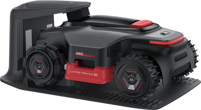Ein schwarzer und roter Mähroboter mit Allradantrieb und 'Ultra Trim 2.0'-Text.