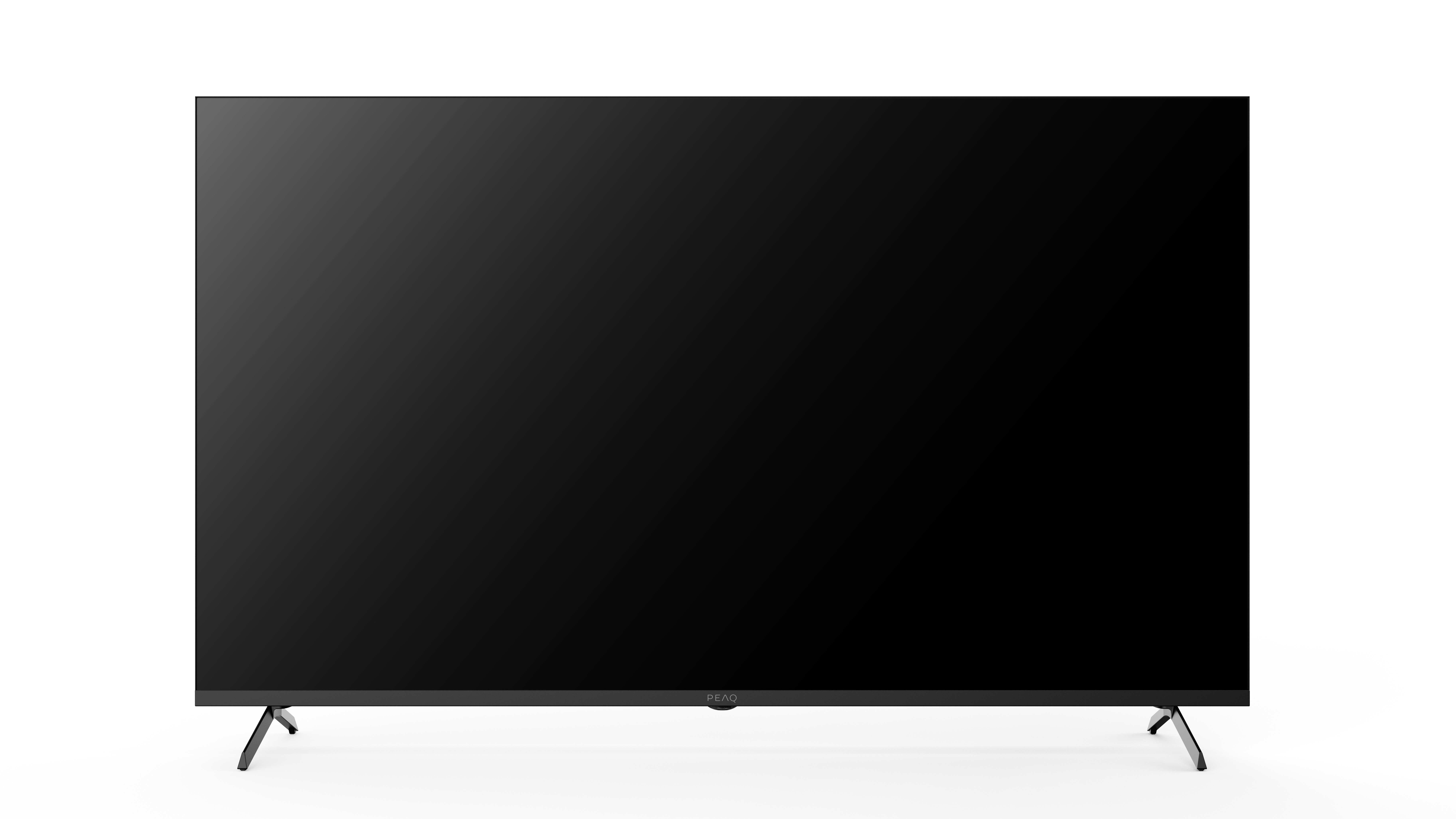 Ein schwarzer Fernseher mit schlanken Metallfüßen steht auf weißem Grund.