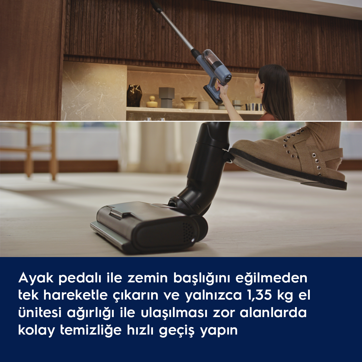 Bir kişi, yüksek bir rafı ve zemini temizlemek için kablosuz süpürge kullanıyor.