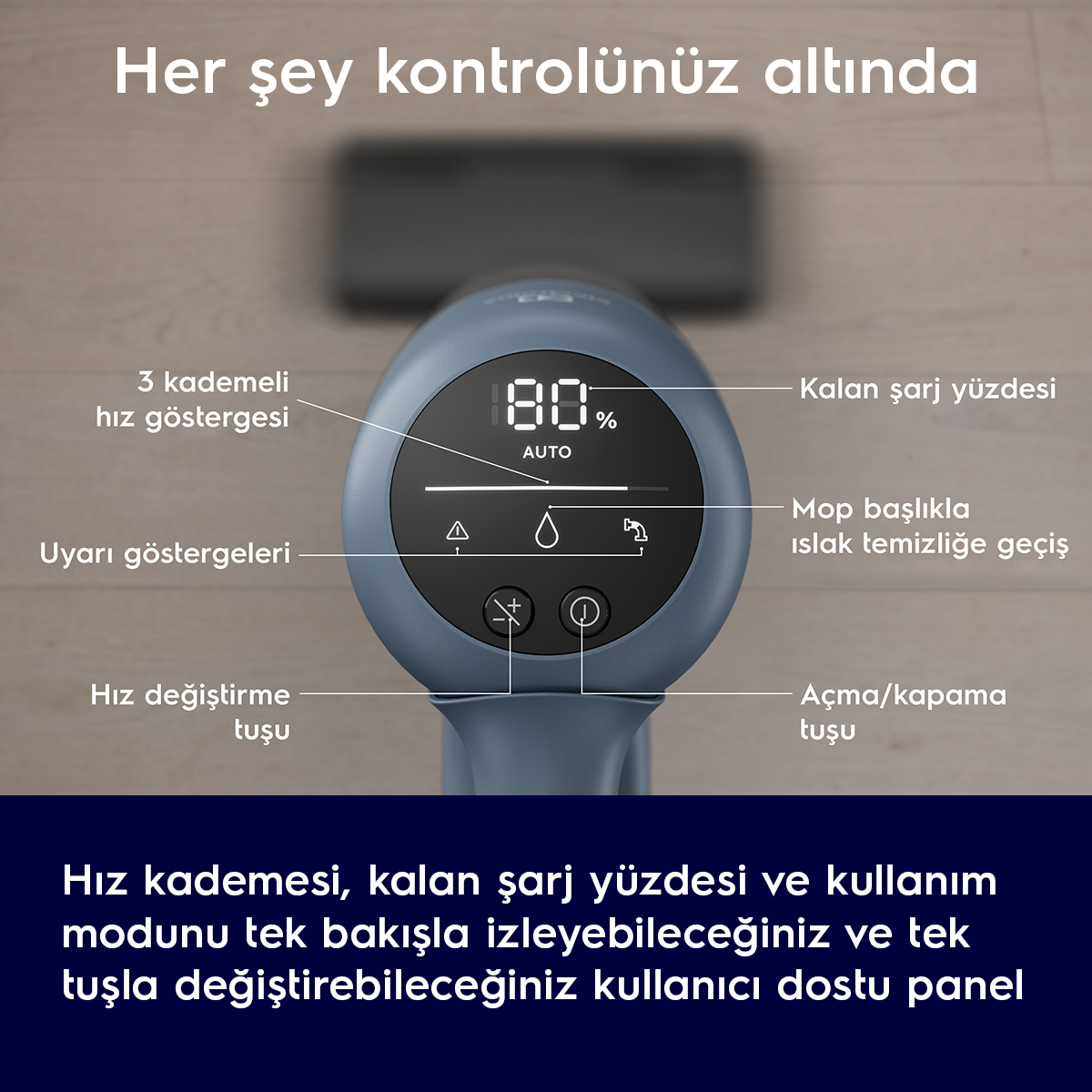 80% şarj gösteren dijital ekrana sahip mavi bir cihaz.