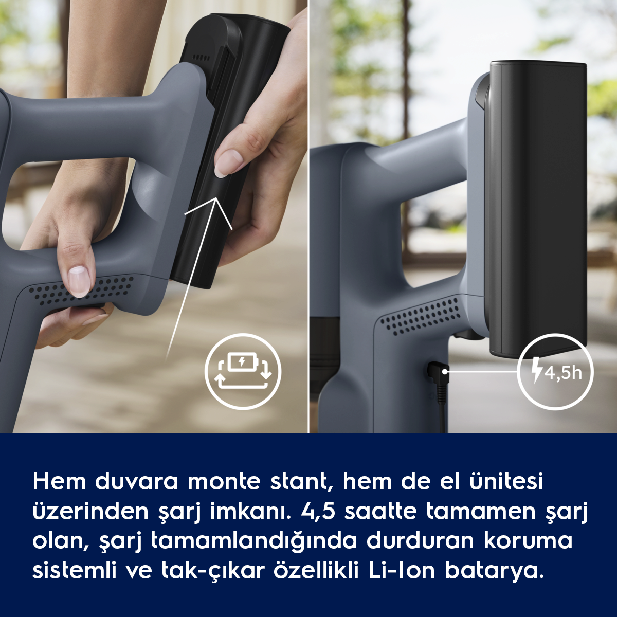 Gri elektrikli süpürge bataryası takılıyor ve şarj oluyor. Şarj süresi 4,5 saat.