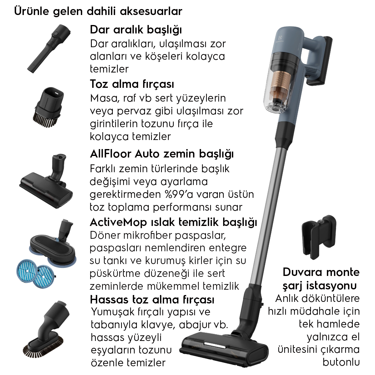 Çeşitli aksesuarlara sahip bir elektrikli süpürge: dar aralık başlığı, fırça, zemin başlığı, ıslak paspas ve toz alma fırçası.