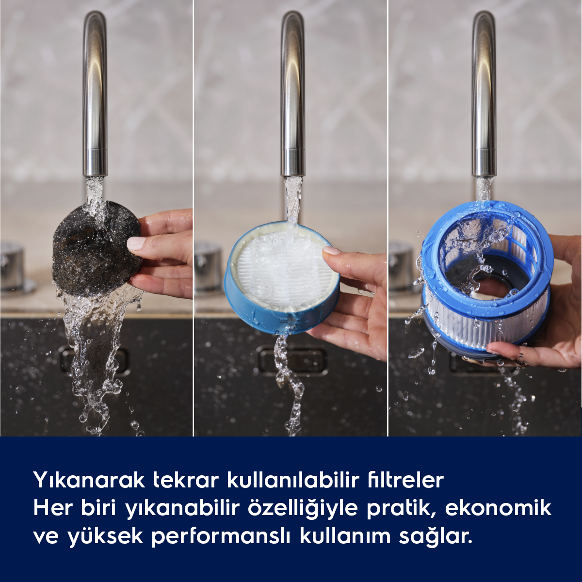 Üç resimde filtrelerin akan su altında temizlendiği görülüyor.