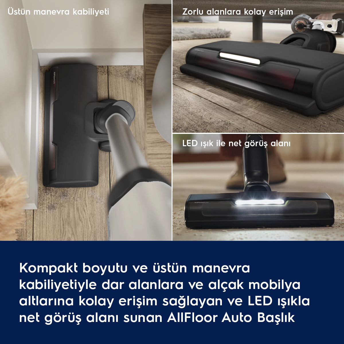 Kolay manevra kabiliyetli, LED ışıklı siyah elektrikli süpürge başlığı.