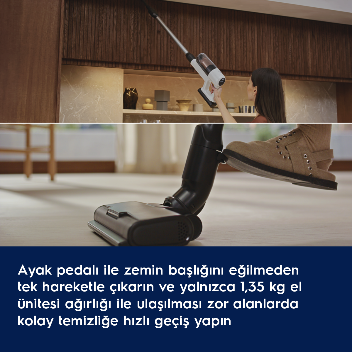 Kadın yüksek rafları süpürüyor, sonra ayak zemini kolay temizlik için çıkarıyor.