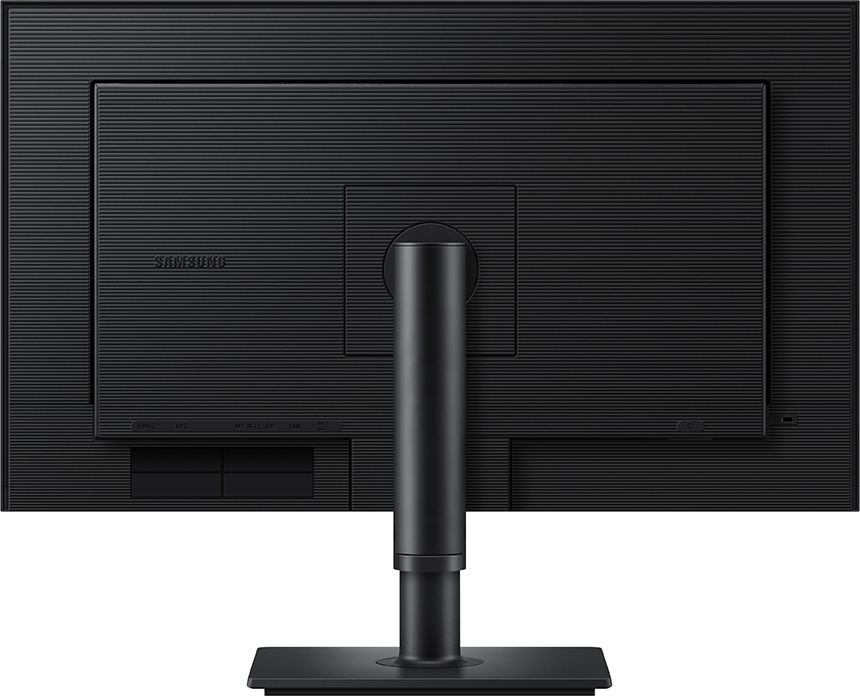 Fekete Samsung monitor hátulnézete, bordázott házzal és állvánnyal.
