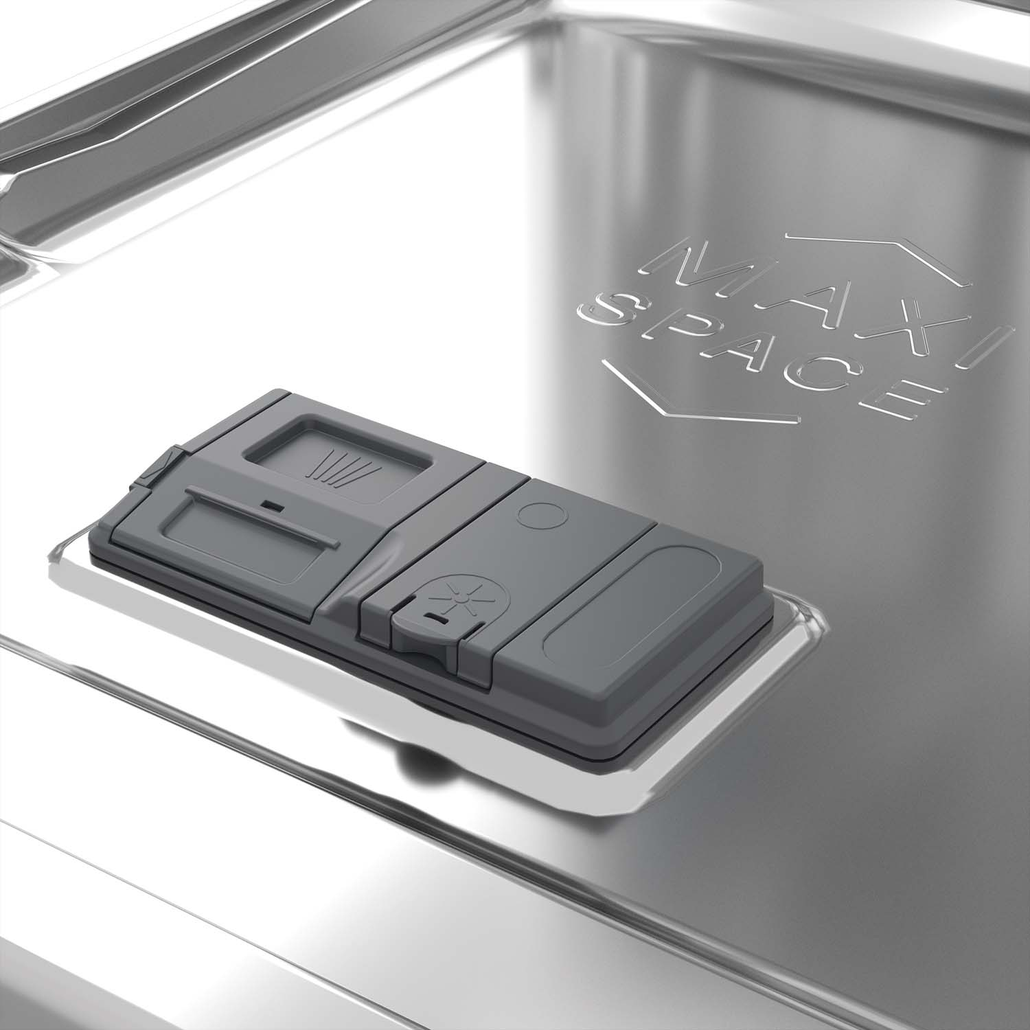 Dispenser detersivo grigio in scomparto metallico lucido con scritta "MAX SPACE".
