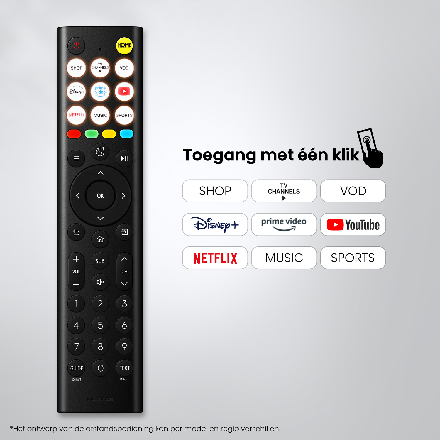 Zwarte afstandsbediening met knoppen voor apps zoals Netflix, Disney+, Prime Video en YouTube.