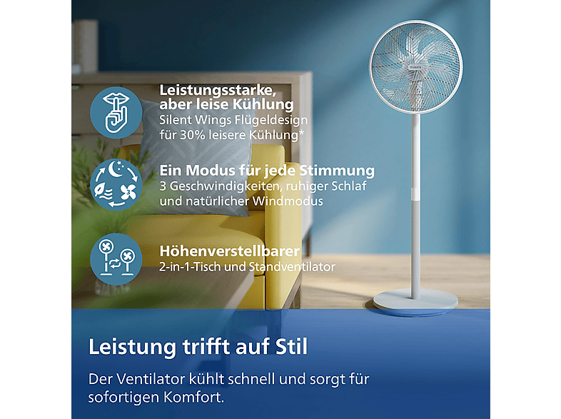 PHILIPS 2000 Series CX2550/00, Automatische Rotation, 3 Geschwindigkeitsstufen, Kippbar und oszillierend, Standventilator Weiß/Grau (48 Watt)