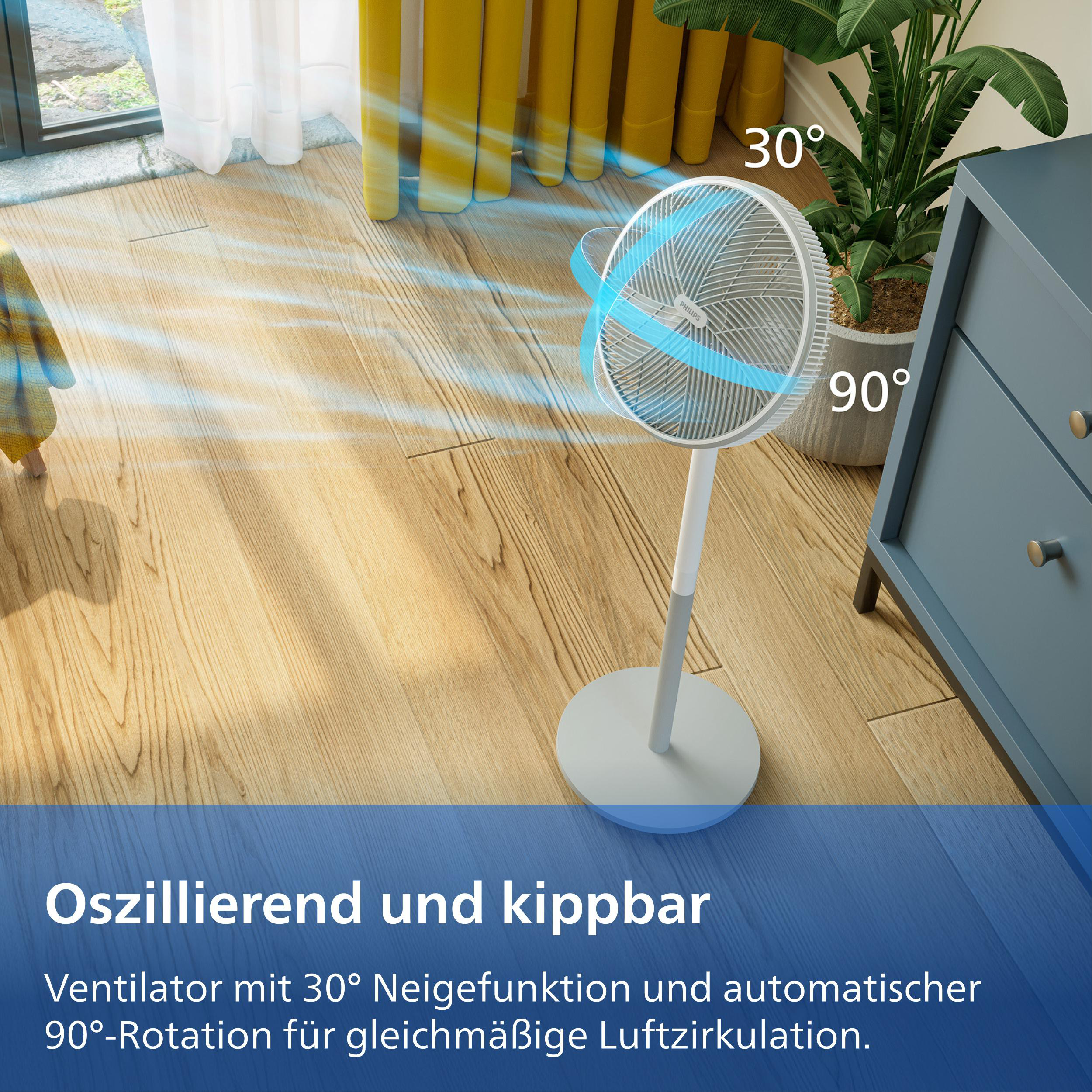 Ventilator mit 30° Neigung und 90° Rotation auf Holzboden.