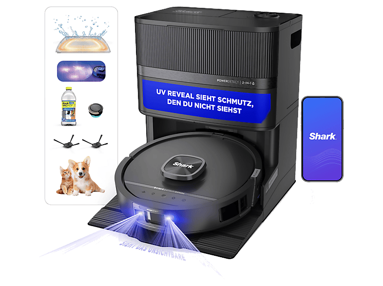 Shark RV3000XEEU Saugroboter mit Wischfunktion (Schwarz, Laufzeit: bis zu 3 h, mit Absaugstation, UV-Reveal-Technologie)