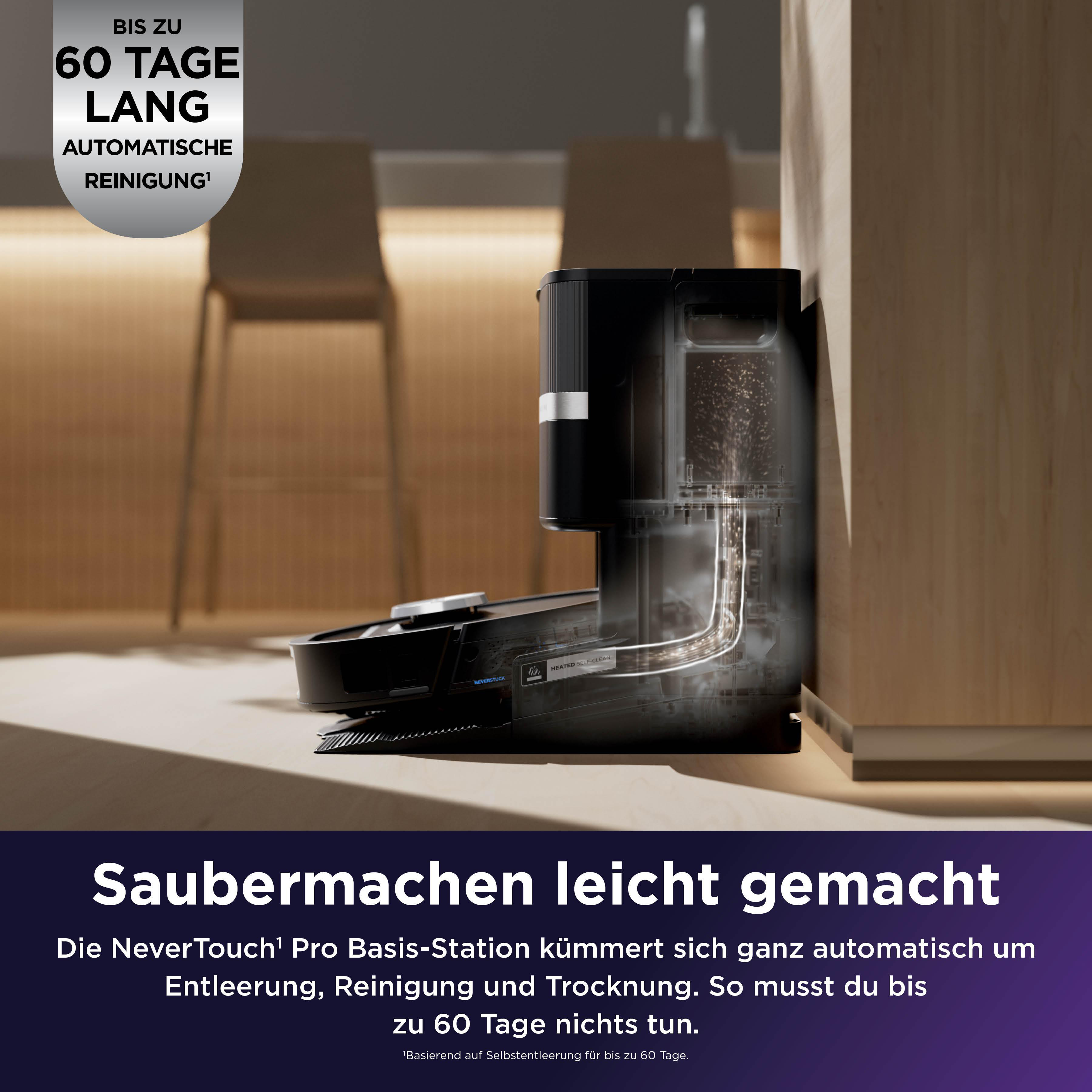Eine schwarze Reinigungsstation mit einem Saugroboter davor. Text: Bis zu 60 Tage automatische Reinigung.